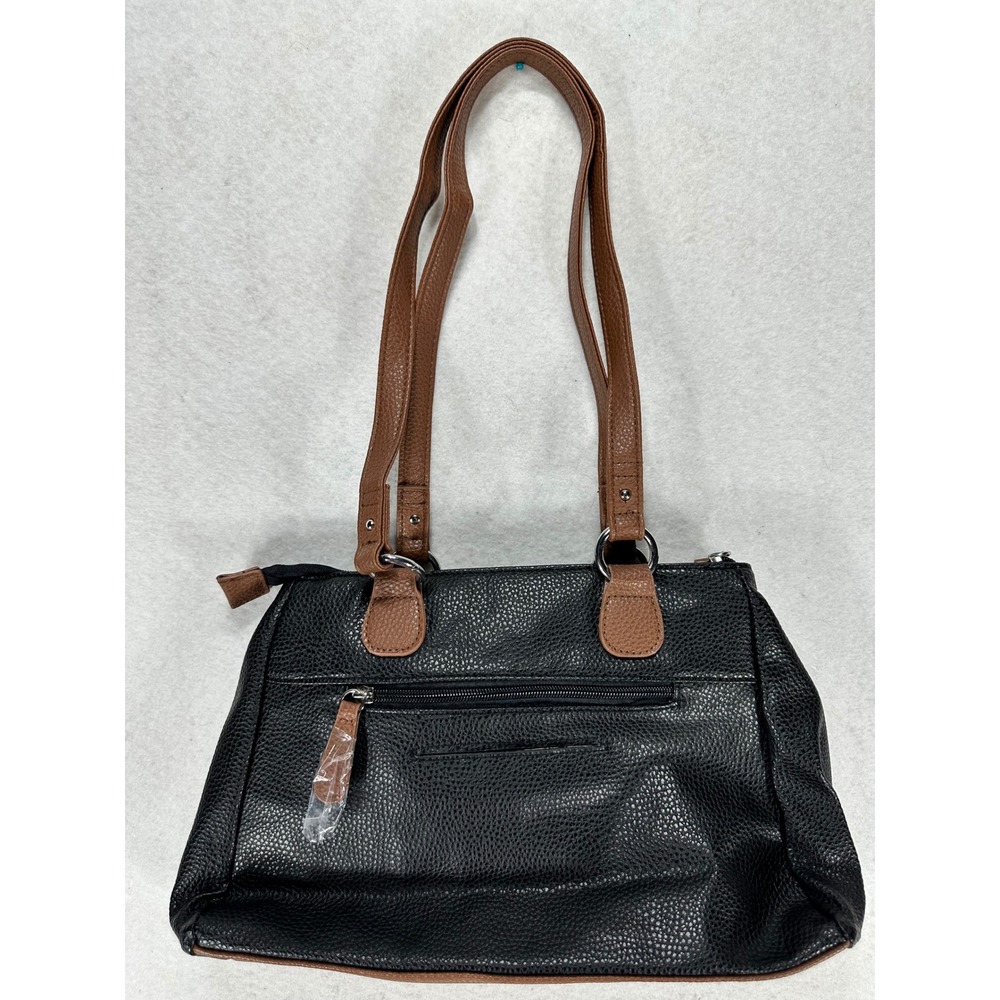B. Amici Womens Black Cognac Pebbled Faux Leather Triple Entry Shoulder Bag Tote